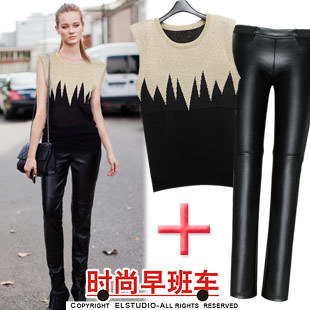 Set gold black color block sleeveless shoulder pads knitted sweater loose straight lengthen edition flock printing leather pants