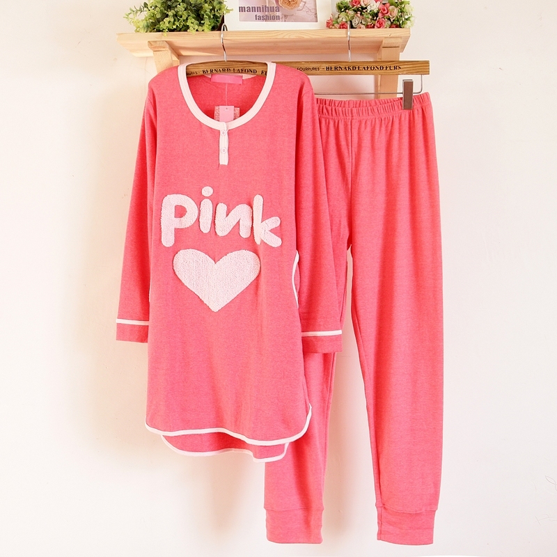 Set medium-long pink women's sanded 100% cotton long-sleeve lounge sleep set