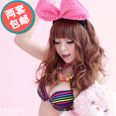 Set stripe front button glossy bra women's front button bra underwear set