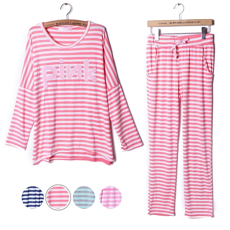 Set stripe lounge long sleeve length pants sleepwear female pink 100% cotton modal set
