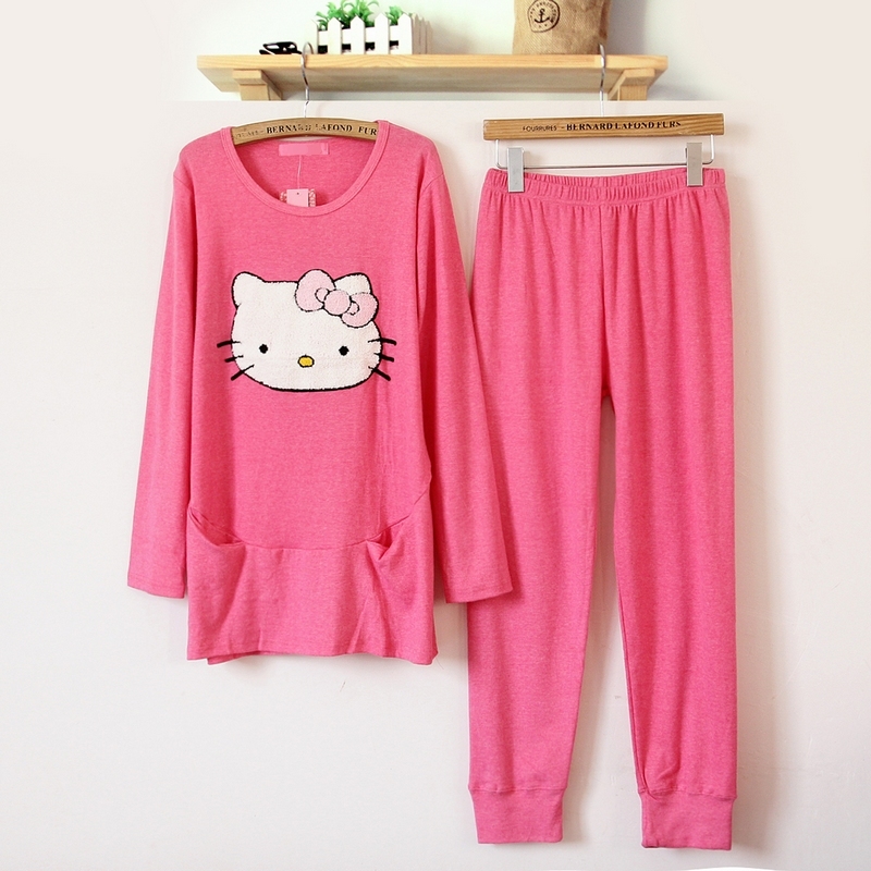 Set thick spring and autumn 100% cotton hellokitty women's long-sleeve sleepwear lounge women clothing set