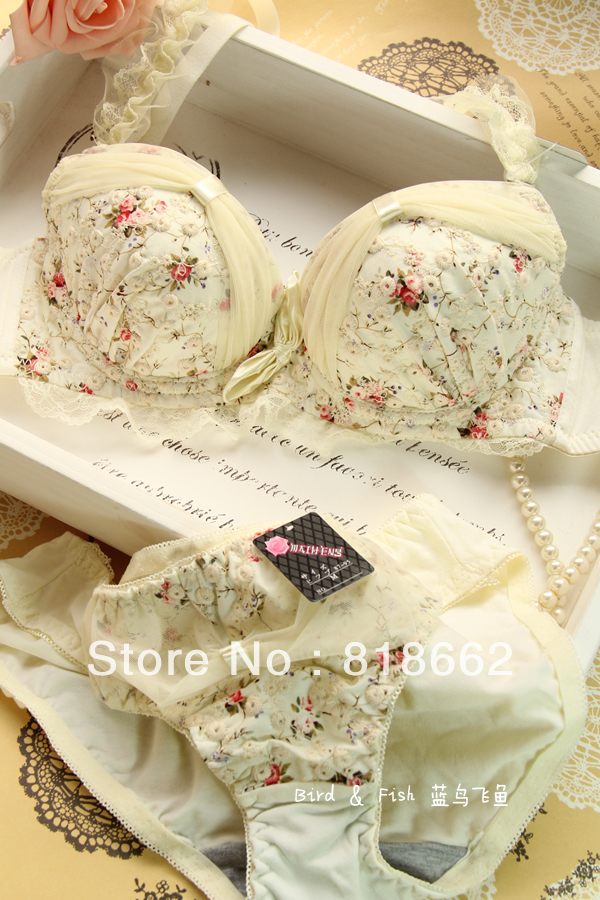 Sex Embroidery Female Underwear Set 3 Hook-and-eye Padded Bra Set Push Up 3/4 Cup Bra&Brief Set