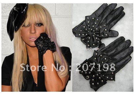 Sexy 100% leather sheep skin Studs Big Bow Lady hand Gloves wear in black S, M, L