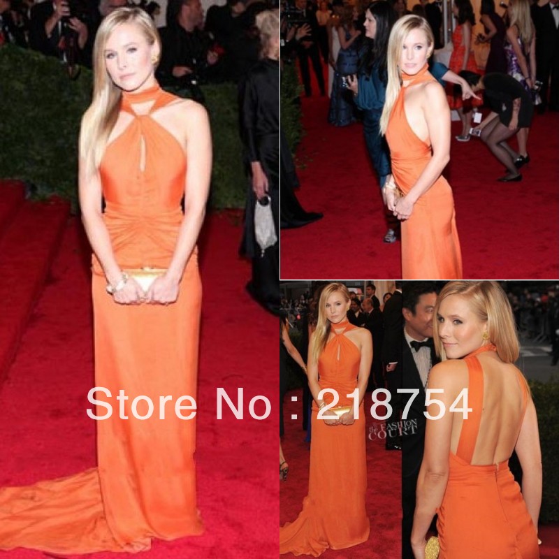 Sexy 2013 Halter Backless A-Line Floor Length Orange Chiffon Front Keyhole Simple But Elegant Celebrity Dresses Prom Gowns