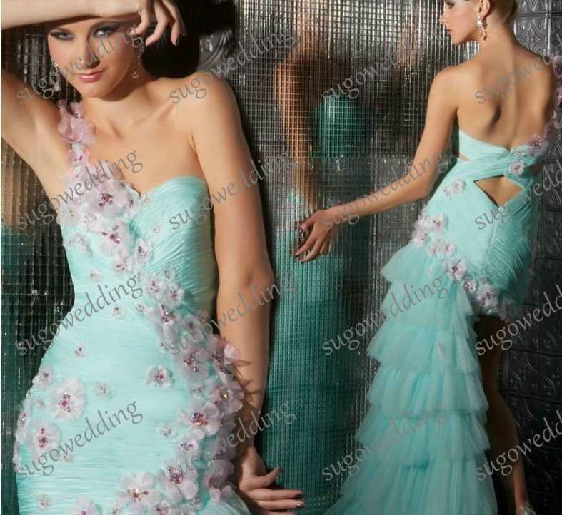 Sexy 2013 new Celebrity Dresses/Gowns Ice Blue one-shoulder Bodycon Tulle with Handmade Flowers Bead Trim backless free Shipping
