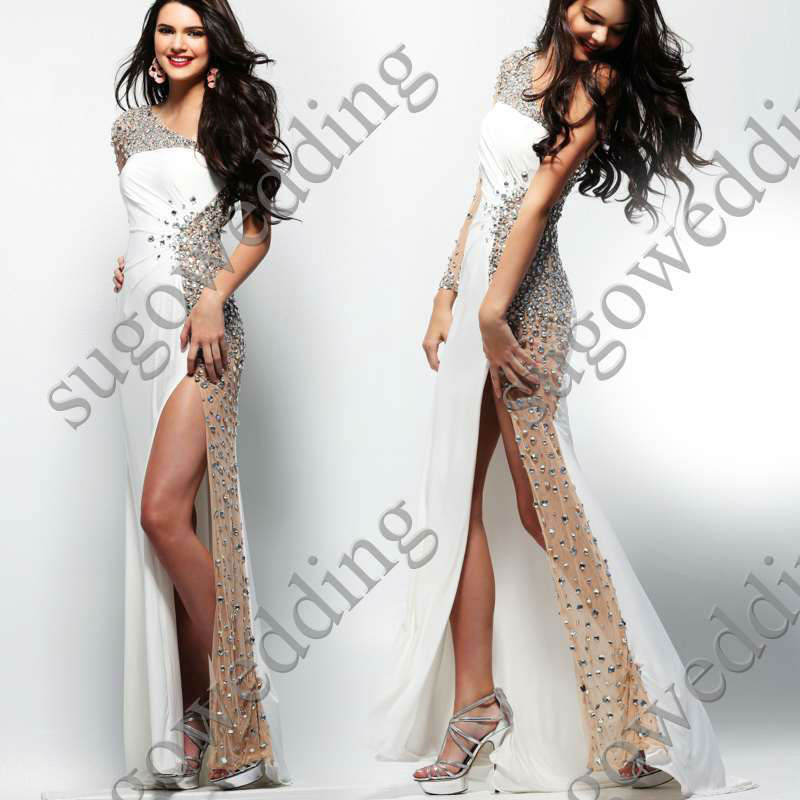 Sexy 2013 new Celebrity Dresses/Gowns one-shoulder A-line Chiffon with Crystal and Bead Trim Side Slit free Shipping