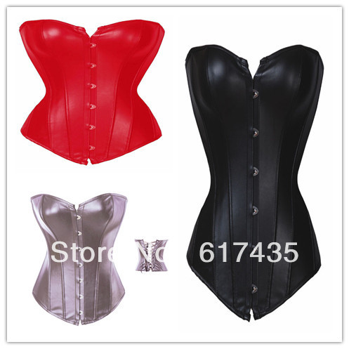 Sexy 3 color  Black/red/khaki faux leather corset bustier lace up boned steel busk front Clubwear bodyshaper S-2XL
