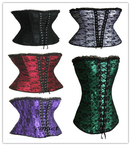 Sexy 5 color red /Purple/Green/White/black satin with black lace overlay boned Corset Bustier bodyshaper  factory supplier S-2XL