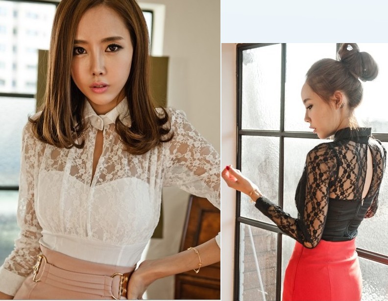 Sexy all-match meat cutout long-sleeve lace shirt autumn and winter lace top women's