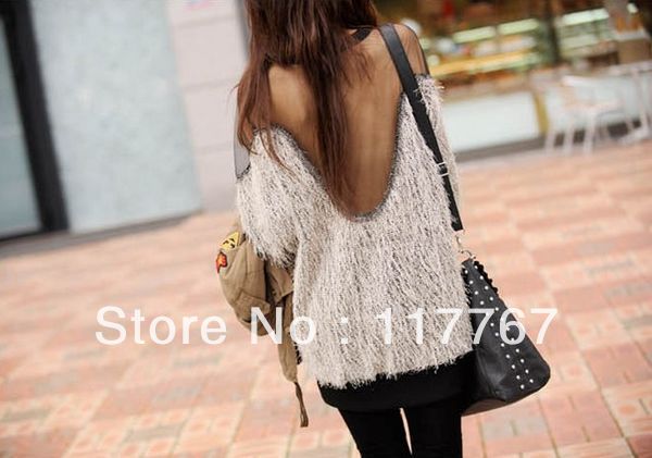 Sexy And Hot Sale Lady Backless Long Sleeve Shirt Blouse Soft Fur Grenadine Tops Free Shipping 650399