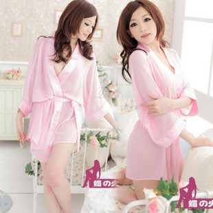 Sexy bathrobe japanese style sexy temptation robe transparent chiffon translucent female lounge sleep set