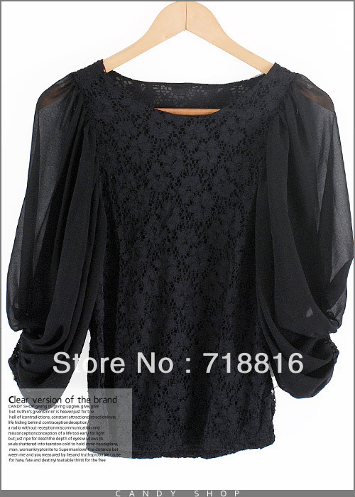 Sexy Batwing Sleeve Ruffle Shirt Women Loose Top Turn-Down Collar Blouse White Black Free Shipping