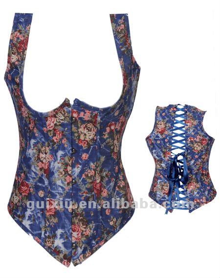 sexy Beauty Floral Denim Blue UnderBust Corset