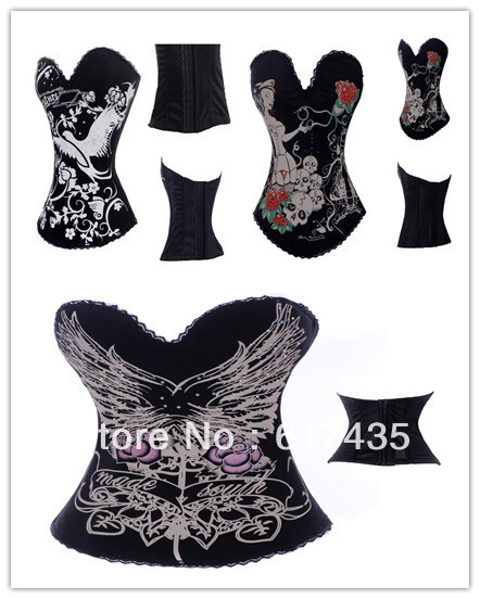 Sexy  black  3 print pattern cotton with  shiny stones hook eye on back corset bustier  dropship S-2XL