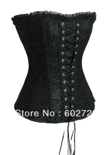 Sexy black boned satin with lace overlay corset bustier lace up showgirl bodyshaper dropship S-2XL