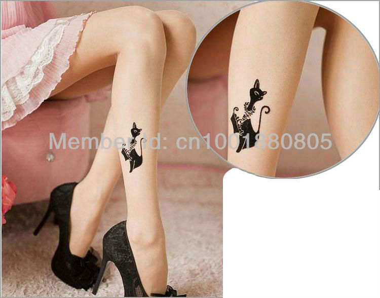 Sexy Black Cat Pattern Printed Transparent Nylon Charms Ladys Pantyhose Stockings Tights + Free Shipping