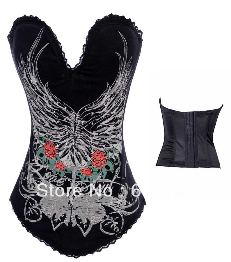 Sexy black cotton with rose print and shiny stones hook eye on back corset busiter S-2XL
