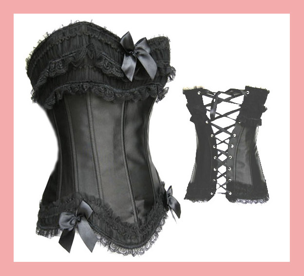 Sexy black fashion satin lace up Ladies Corset bustier clubwear S-XXL