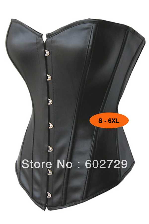 Sexy black faux leather boned lace up corset bustier with hook eye front lingerie clubwear bodyshaper dropship S-6XL