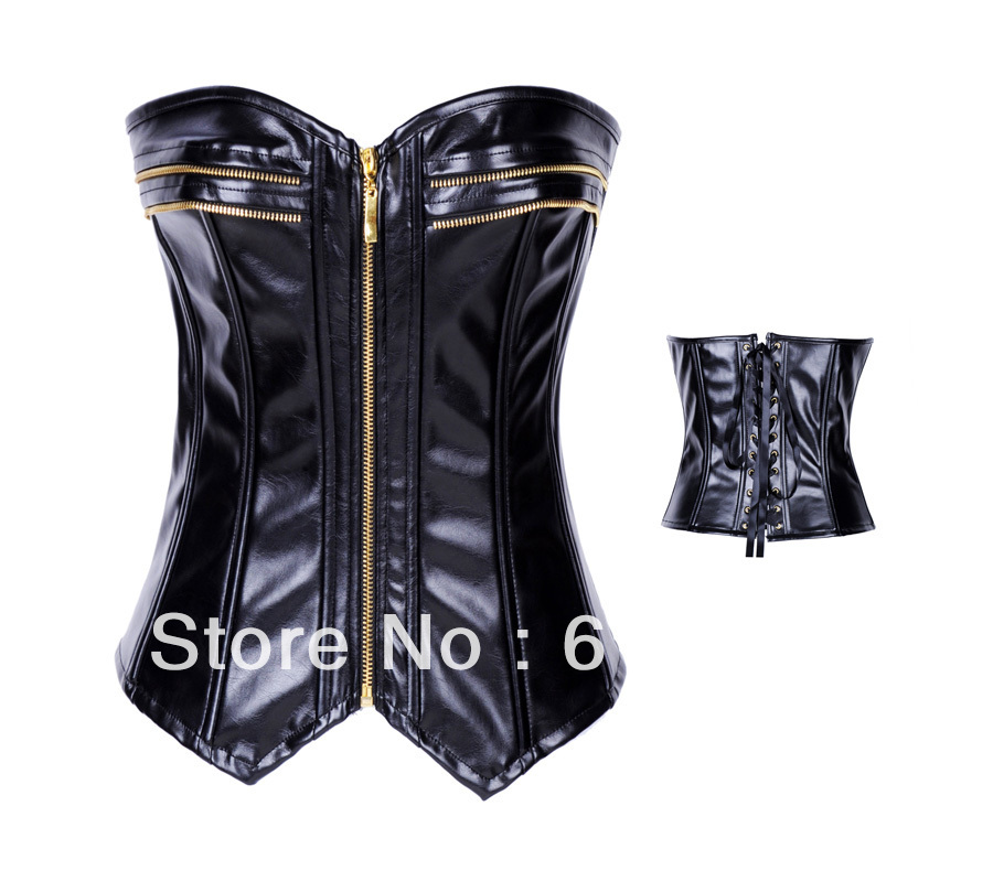 Sexy black faux leather lace up boned zipper front corset bustier clubwear   bodyshaper dropship S-2XL