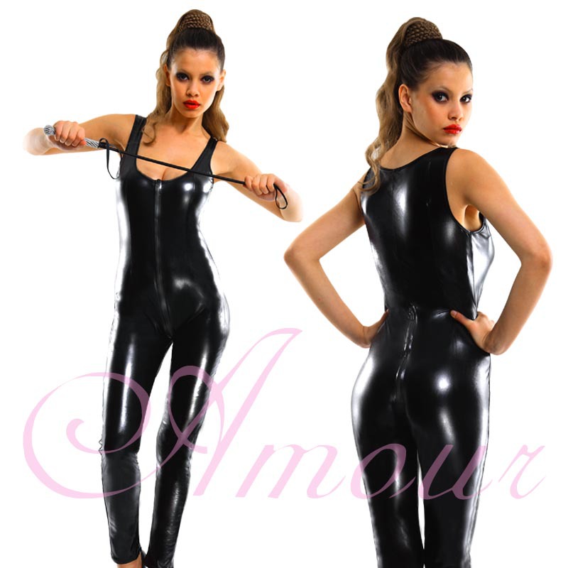 Sexy Black Gothic Punk Wetlook Tank Style Back to Front Zipper Catsuit Romper Free Shipping @P7010