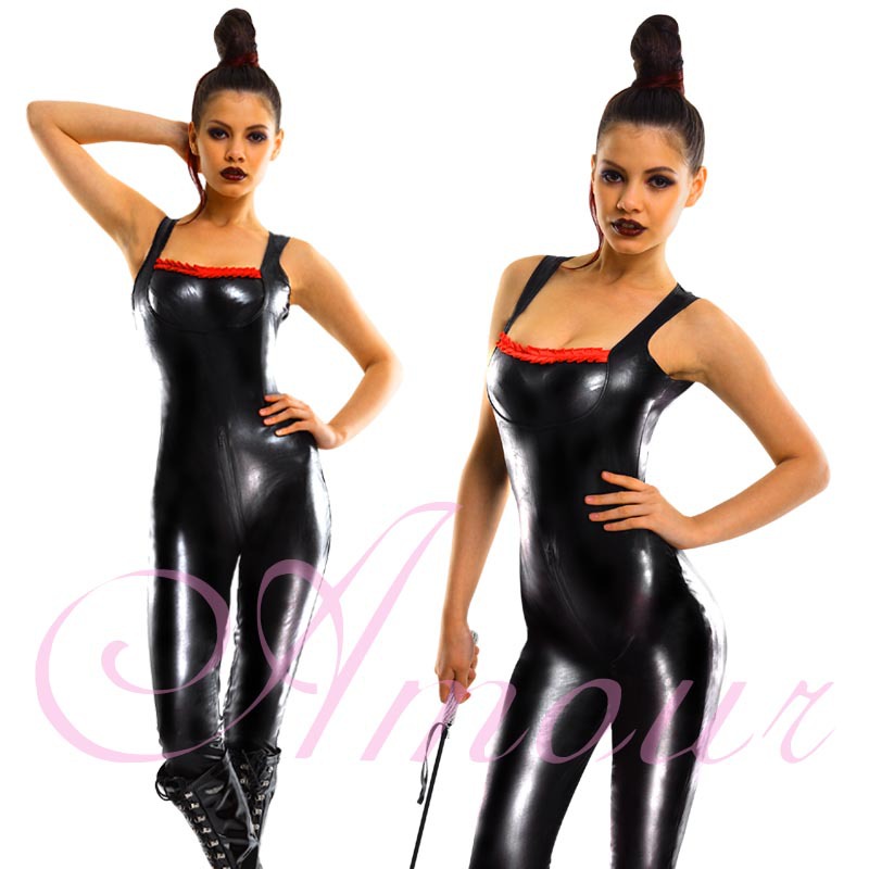 Sexy Black Gothic Punk Wetlook Tank Style Red Trims Catsuit Romper Free Shipping @P7003