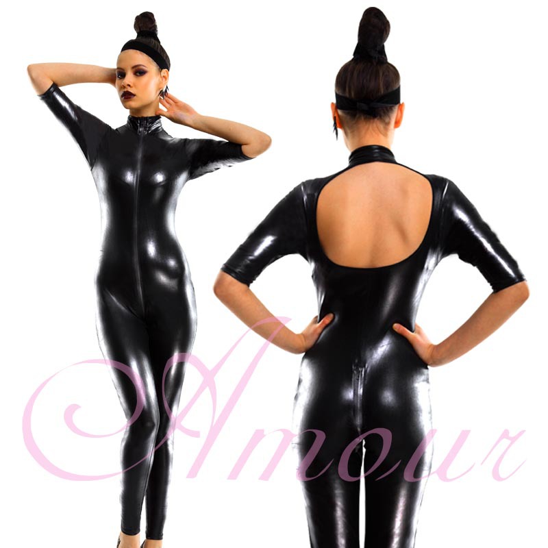 Sexy Black Gothic Punk Wetlook Zipper to Crotch Open Back Catsuit Romper Free Shipping @P7000