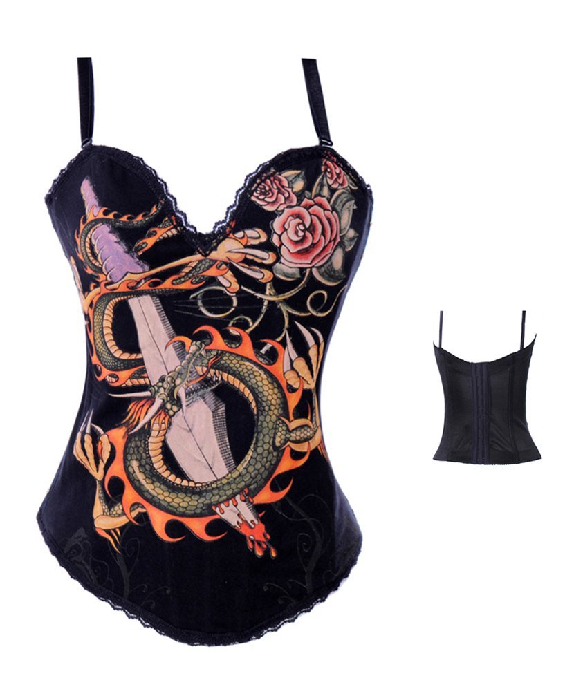 Sexy Black Halloween Punk Costume Outwear Corset Bustier Dragon print Tattoo with Chian