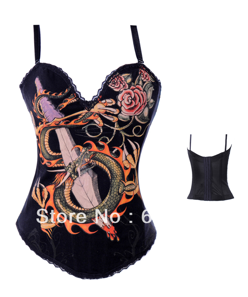 Sexy Black Halloween Punk Costume with strap Outwear Corset Bustier Dragon print Tattoo with Chian S-2XL