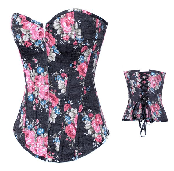 Sexy Black jeans with flower print outwear shaper  Lace up  Corset  Bustier  +G-string  S-XXL