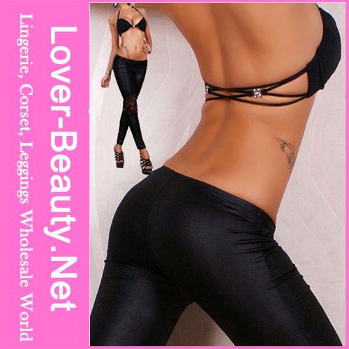 Sexy Black Lace and Faux Leather Leggings Fashion 2012 + Free Shipping + Fast Delivery ( LB13166)