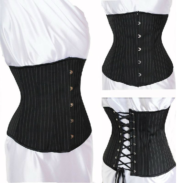 Sexy Black Office Pinstripe Uniform Waist Cincher Underbust Lace Up Corset Showgirl Bustier /G-string TOP