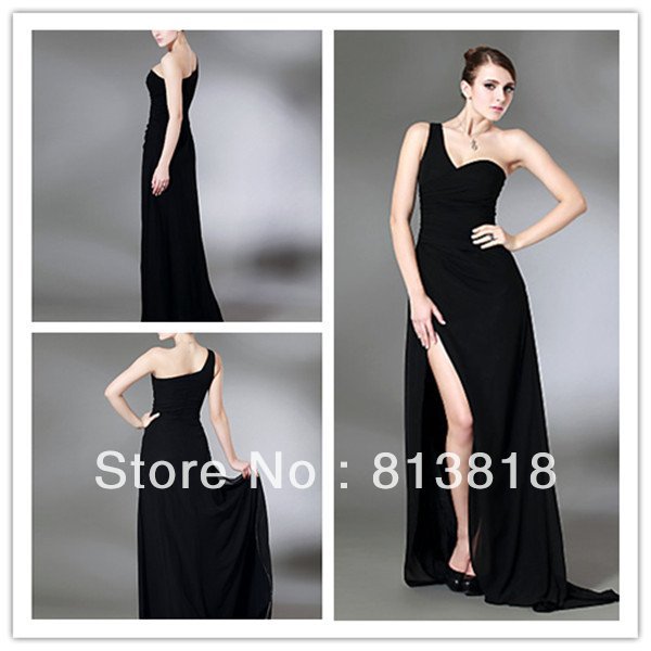 Sexy Black One Shoulder  Open Side A-Line Chiffon Floor length  Celebrity  Dresses