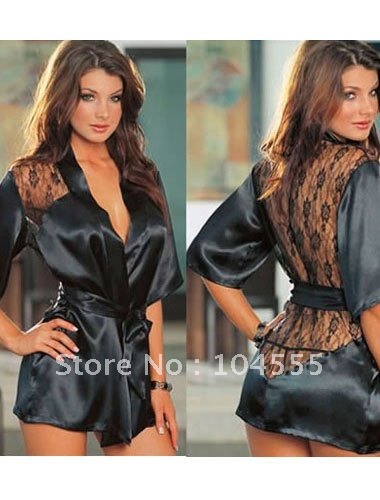 Sexy Black Plunging Back Lace Details Charmeuse Robe