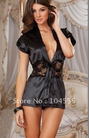 Sexy Black Plunging Neckline with Lace Insert Center Robe Pajama