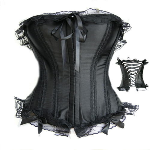 Sexy black satin boned lace up corset bustier with lace trim bodyshaper showgirl dropship  S-6XL