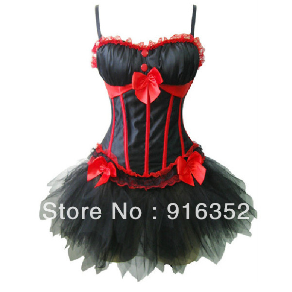 Sexy Black Satin Padded Bra Boned Red Lace Corset Bustier TOP / Mini Tutu Dress Freeshipping