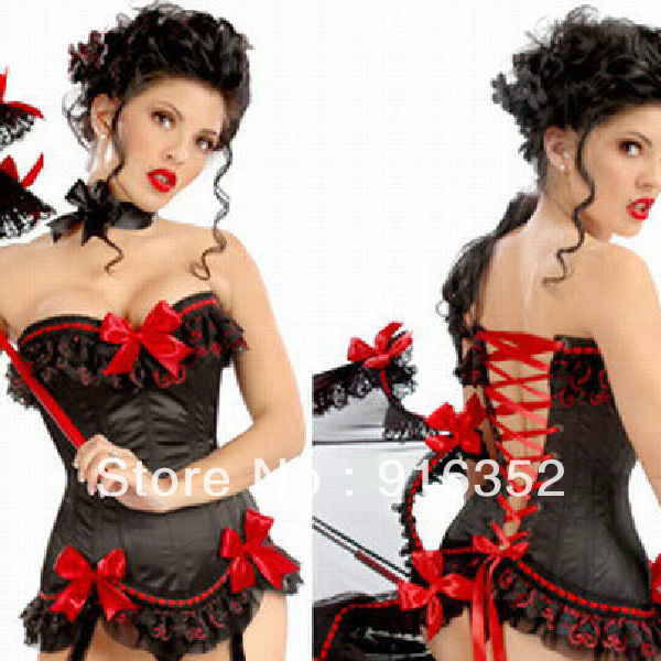 Sexy Black Satin Red Lace Ruffle CORSET Ribbon Bustier G-string S-2XL Free Shipping