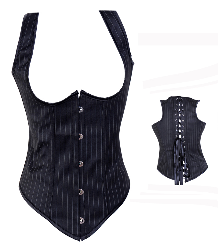 Sexy black stripe underbust outwear with strap shaper Lace up boned Corset Bustier+G-string S-XXL