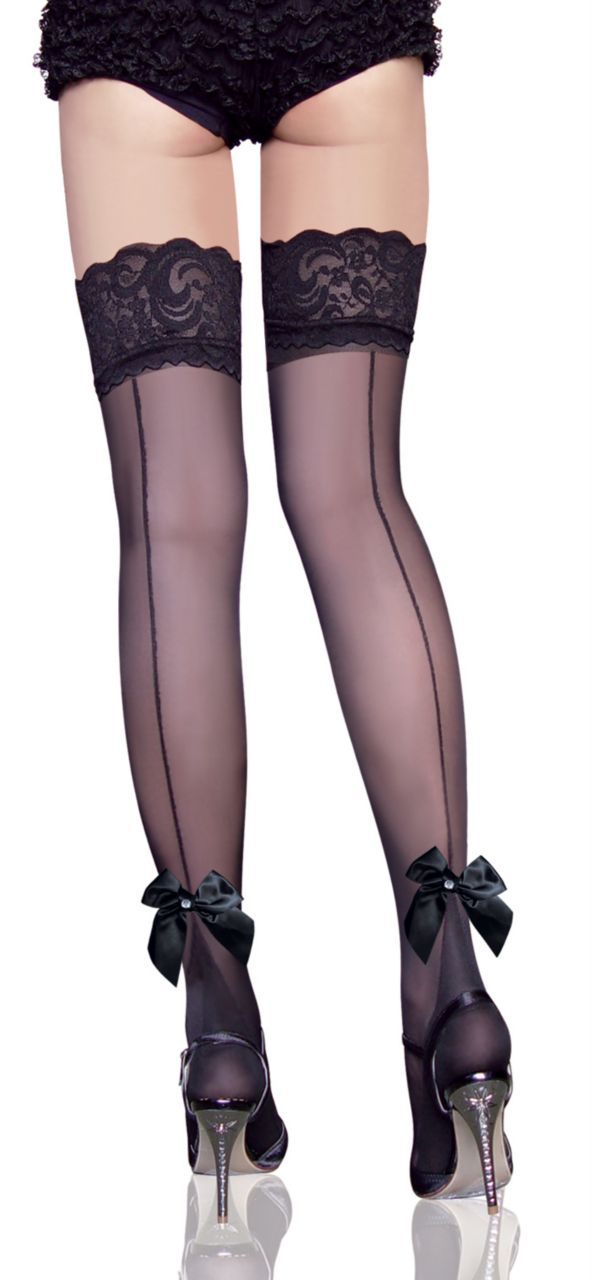 Sexy Blk Sheer Thigh High Lace Top Stockings Backseam /w bow tie Free Shipping @TP2035