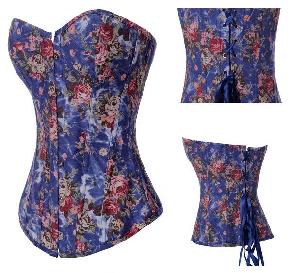 Sexy Blue jeans body shaper Lace up boned Corset Bustier clubwear +G-string S-XXL