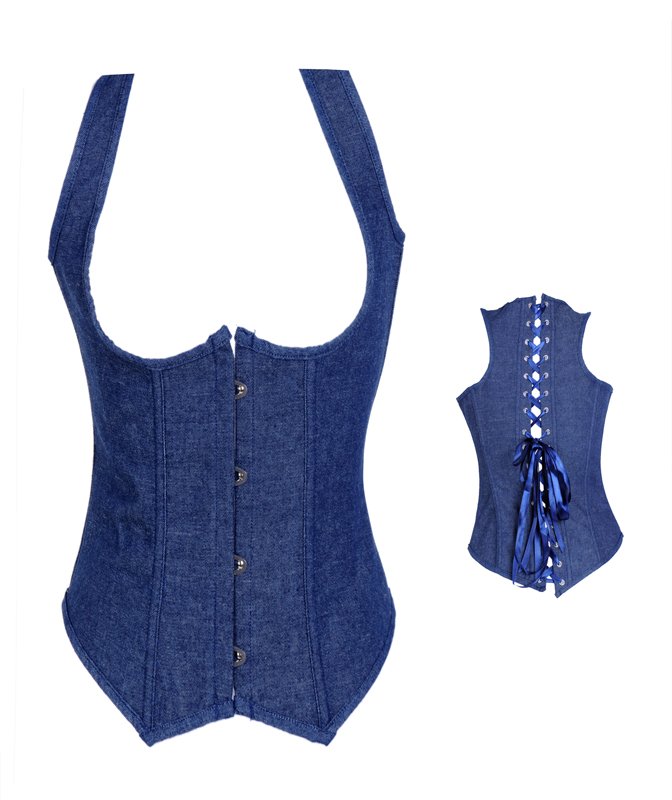 Sexy blue  jeans   underbust outwear shaper  Lace up boned  Corset  Bustier  clubwear +G-string  S-XXL