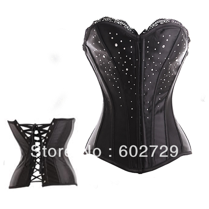 Sexy boned satin Lace up Black Corset Hot Sale Sexy Lingerie hook eye front with stones S-XL