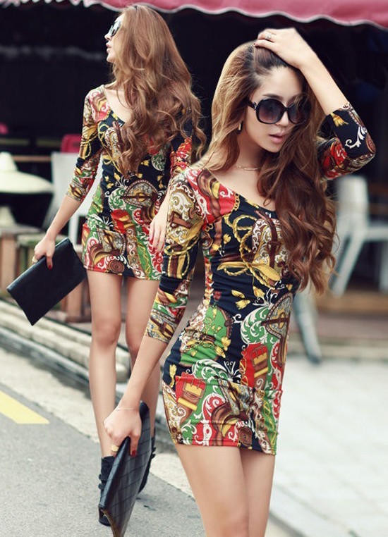 Sexy charming slim broken flower color package hip thin long sleeve dress