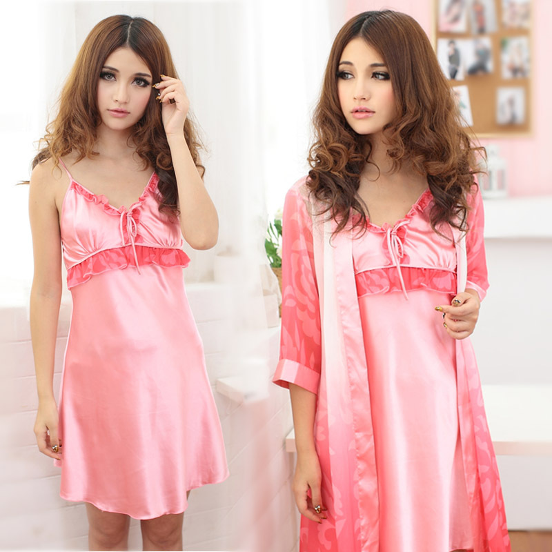 Sexy charming summer faux silk chiffon women's twinset robe nightgown