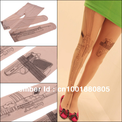 Sexy Charms Ladys Crazy Super Machine Gun Pattern Printed Transparent Pantyhose Stockings Tights + Free Shipping