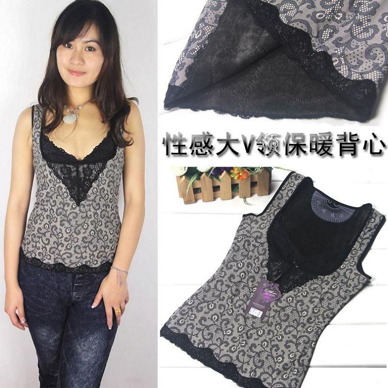Sexy chest lace V-neck thickening plus velvet thermal vest body shaping vest beauty care women's thermal clothing