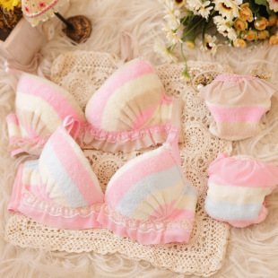 Sexy coral fleece plush pink princess autumn and winter shaggier push up underwear bra set 8019