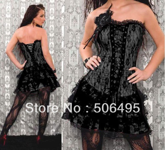 Sexy Corset Women Black Bone Bustier Corset Shirt + G string Set Lingerie S M L XL ,Sexy Lingerie ,Sexy Bustier MZ012-2176