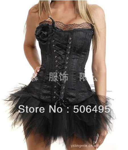 Sexy Corset Women Black Rose Bone Corset + G string Set Lingerie S M L XL ,Sexy Lingerie ,Sexy Bustier MZ011-2175